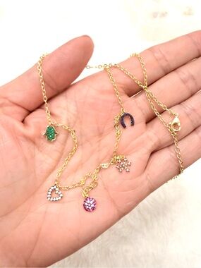 Gold Plated Multi-Charm Necklace with Pink, Green & Blue Accents